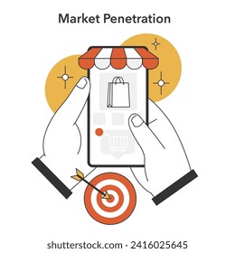 Digital marketplace strategy. Hands holding a smartphone displaying an online store, targeting core demographics, driving sales and customer engagement. E-commerce success. Flat vector illustration.