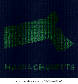 Digital Massachusetts logo. US state symbol in hacker style. Binary code map of Massachusetts with US state name. Trendy vector illustration.