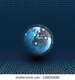 Digital Matrix, Bits Pattern, Ones and Zeros - Abstract Modern 3D Digital Information Vector Background or Wallpaper Template with Earth Globe and Wireframe for Business, IT or Technology