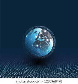 Digital Matrix, Bits Pattern, Ones and Zeros - Abstract Modern 3D Digital Information Vector Background or Wallpaper Template for Business, IT or Technology with Earth Globe and Wire Mesh