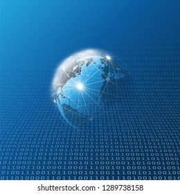 Digital Matrix. Bits Pattern of Ones and Zeros - Abstract Modern 3D Digital Information Vector Background or Wallpaper Template for Business, IT or Technology with Earth Globe and Wire Mesh