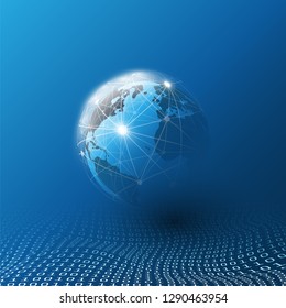 Digital Matrix, Bits Pattern, Ones and Zeros - Abstract Modern 3D Digital Information Vector Background or Wallpaper Template for Business, IT or Technology with Earth Globe and Wire Mesh