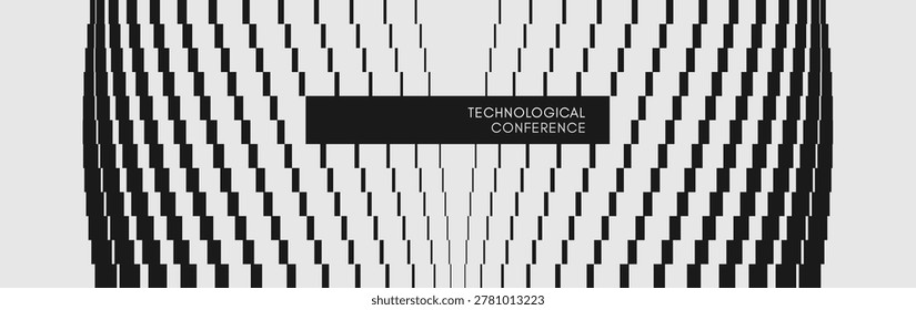 Digital matrix data. Industrial style. Technologycal conference event. Black and white image of multiple lines of different thicknesses with transition and shift effect. Vector for cover, presentation