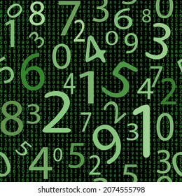 Digital matrix style seamless pattern. Vector ornamental digit background. Repeat numeral backdrop. Digitally green mathematic ornaments. Modern trendy design. Numbers, symbols. Endless texture. 