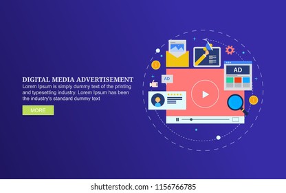 Digital media advertising, web video marketing, Content marketing, SEO flat vector banner with icons