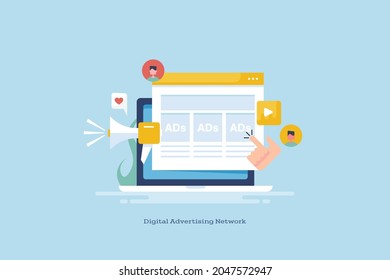 Publicidad en medios digitales, anuncios en sitios web, uso compartido de medios sociales, ilustración vectorial de marketing de vídeo con iconos y textos
