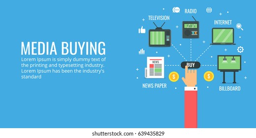 Digital Media Buying, Advertising Placement,  Ad Space, Marketing Strategy Vector Banner Concept With Icons Isolated On Blue Background