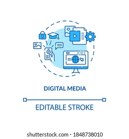 Digital Media Concept Icon. Communication Channel. Online Studying. Information From Internet Sources Idea Thin Line Illustration. Vector Isolated Outline RGB Color Drawing. Editable Stroke