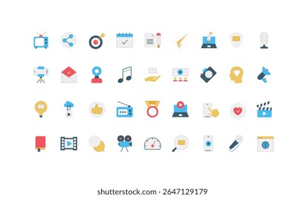 Digital media content creation, music and article text of story, creators tools and equipment color icon set. Advertising blog campaign, video film, music and radio, book flat vector illustration
