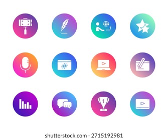 Digital media, content creation. Vector set of 12 round gradient icons featuring video, blog, analytics, and social tools for online UI, streaming, and communication design.