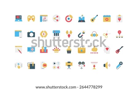 Digital media content creation, video and audio blog publication, movie and music, podcast color icon set. Authors creative idea, filter and magnet for likes, vlog audience flat vector illustration