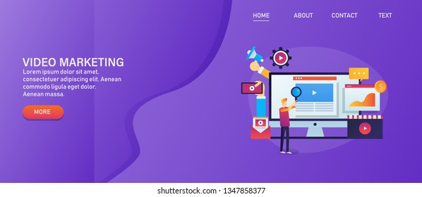 Digital media, Digital content strategy,  Video marketing vector horizontal banner with icons and texts