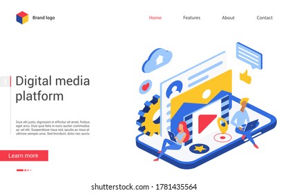 Digital media data vector illustration. Website interface creative design with cartoon isometric man woman user characters work with multimedia files database, upload and play music or video film
