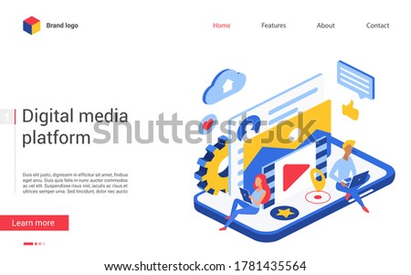Digital media data vector illustration. Website interface creative design with cartoon isometric man woman user characters work with multimedia files database, upload and play music or video film