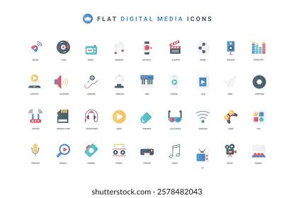 Digital media and devices of electronic store, mobile app, TV and radio color icon set. Sound recorder and speakers, game console, video and audio production flat elements vector illustration