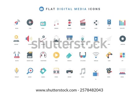 Digital media and devices of electronic store, mobile app, TV and radio color icon set. Sound recorder and speakers, game console, video and audio production flat elements vector illustration