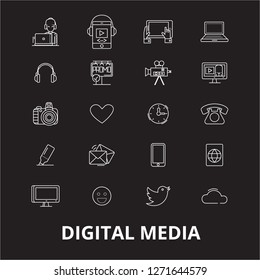 Digital media editable line icons vector set on black background. Digital media white outline illustrations, signs, symbols