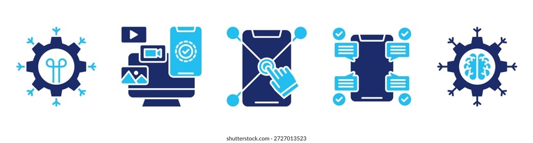 colección de conjunto de iconos de medios digitales, para concepto de comunicación con tecnología de iconos, contenido digital, responsabilidad digital, medios digitales, inteligencia artificial. Glifo de Vector simple Ilustración de duotono