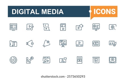 Digital Media icon set. Icons communication, speaker, mobile, movie, set, computer, button, line. Minimalistic icons. Editable stroke. Vector illustration.