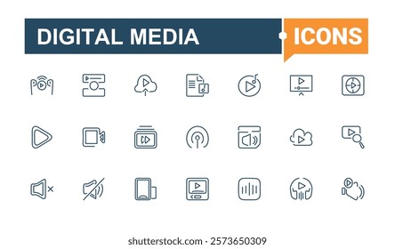 Digital Media icon set. Icons communication, speaker, mobile, movie, set, computer, button, line. Minimalistic icons. Editable stroke. Vector illustration.