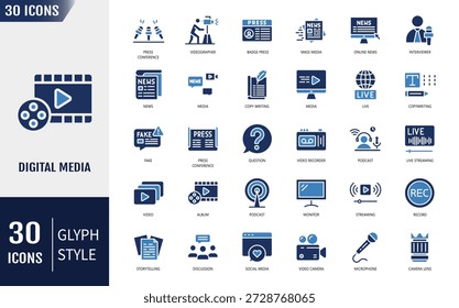 Conjunto de iconos de medios digitales. Periodista, noticias, micrófono, entrevista, reportero, podcast, insignia de prensa, periódico, radio y más. Ilustración vectorial