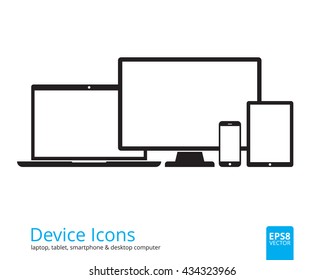 Digital media icons smartphone, tablet, laptop and desktop computer. Set of flat devices  isolated on white background. Modern gadgets mockup with blank displays. Responsive design template in EPS8.