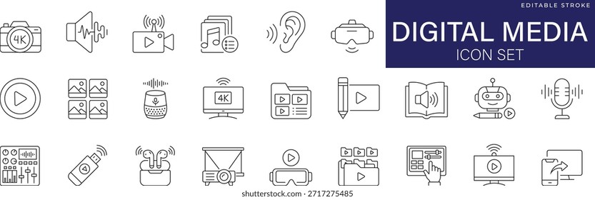 Video Conjunto de iconos de línea de medios digitales con contenido de marketing social, reproductor de transmisión, transmisión de Web por Internet e iconos vectoriales editables de la red de comunicación en línea