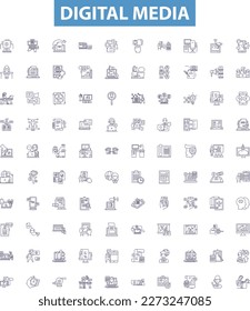 Digital media line icons, signs set. Digital, Media, Technology, Internet, Social, Networking, Content, Video, Advertising outline vector illustrations.