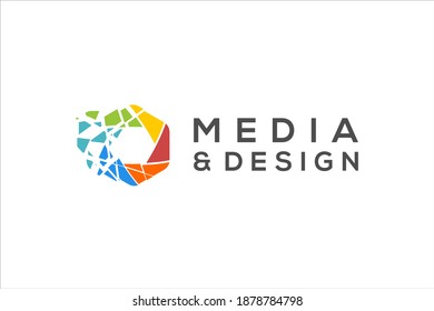 Digital media logo icon, particle pieces effect shutter camera photography icon.