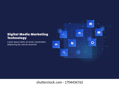 Digital media marketing, Digital advertising, Marketing technology, Internet marketing - conceptual vector illustration with icons