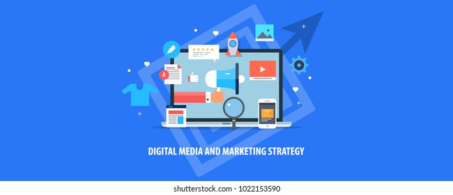 Digital media marketing, business, internet, Strategy and advertising flat vector illustration with icons