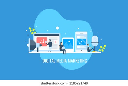 Digital media marketing, Businessman working on Digital media strategy, flat vector banner with business icons