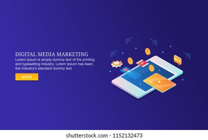 Digital media marketing, Digital content, content marketing technology flat 3D isometric banner