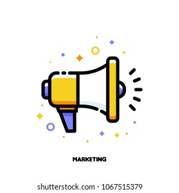 Digital media marketing icon with megaphone. Flat filled outline style. Pixel perfect. Editable stroke. Size 64x64 pixels