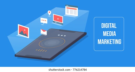 Digital media marketing, mobile marketing, application marketing flat vector 3D style illustration with icons