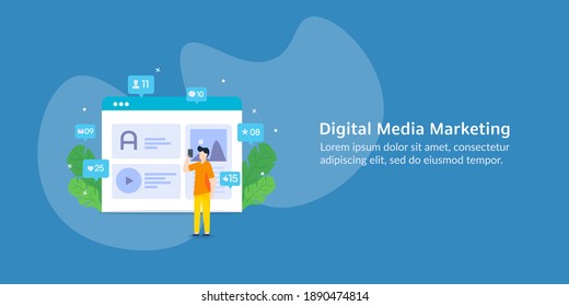 Digital media marketing, Digital marketing service, Content marketing, SEO, Social media, Mobile advertising - conceptual vector illustration with icons