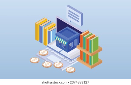 Digital media online book shopping isometric concept.on blue background.3D design.isometric vector design Illustration.