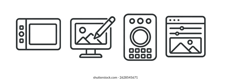 Digital media outline icon set - editing tools and creative software symbols