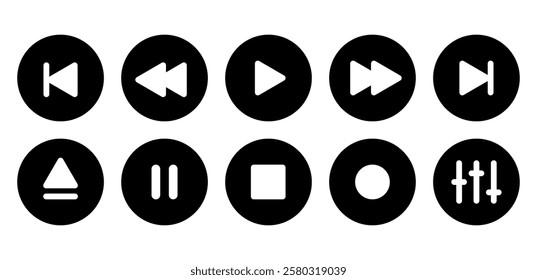 digital media player user interface buttons, analog black round solid pictogram vector set