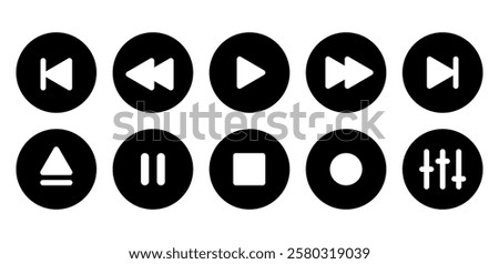 digital media player user interface buttons, analog black round solid pictogram vector set