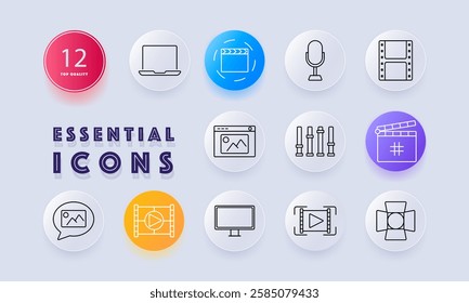 Digital media and production set icon. Laptop, film production, microphone, video reel, website, sound editing, movie database, video streaming, screen, lighting equipment