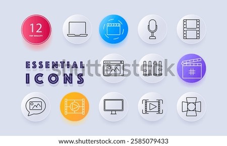 Digital media and production set icon. Laptop, film production, microphone, video reel, website, sound editing, movie database, video streaming, screen, lighting equipment