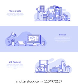 Digital media professions icons and advertising banners. Digital careers concepts with equipment for photography, graphic design and virtual reality prototyping.