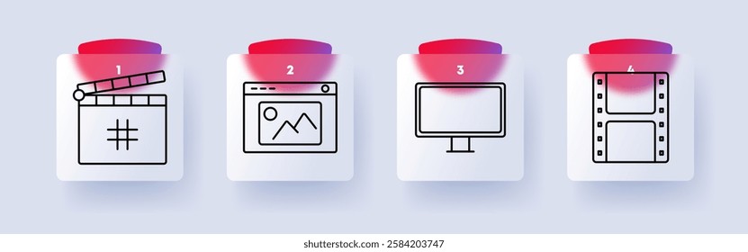 Digital media set icon. Clapperboard, webpage image, desktop screen, film strip, multimedia, content creation, entertainment, video editing