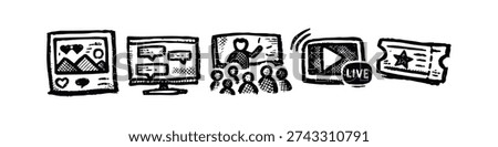 Digital Media, Social, Education, and Live Streaming Hand-drawn Icons