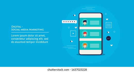 Digital media, Social media, Smartphone with social media app - conceptual vector illustration with icons and texts