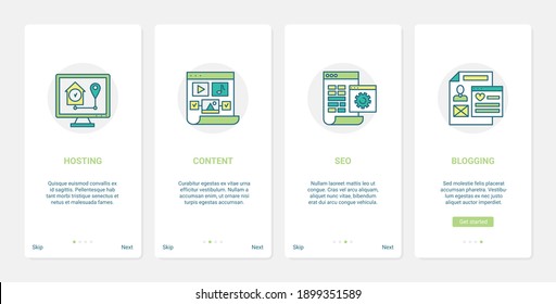 Ilustración vectorial de promoción de tecnología de medios digitales. UX, UI onboarding página de aplicación móvil con alojamiento de línea, contenido de blog de promoción en medios sociales, análisis de seo y símbolos de blogueo de palabras clave