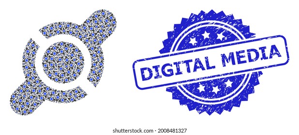Digital Media textured seal print and vector recursive collage joint connection. Blue stamp seal includes Digital Media caption inside rosette.