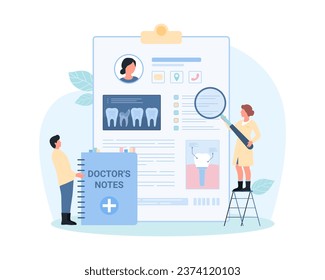 Digital medical card of patient, dentistry vector illustration. Cartoon tiny dentists with magnifying glass and notepad for doctors notes examine personal online data of patient on appointment