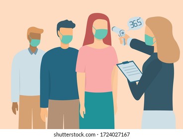 Digital medical infrared non-contact thermometer. For checking the temperature of people to scrub the patient coronavirus. Illustration about temperature checking COVID-19
